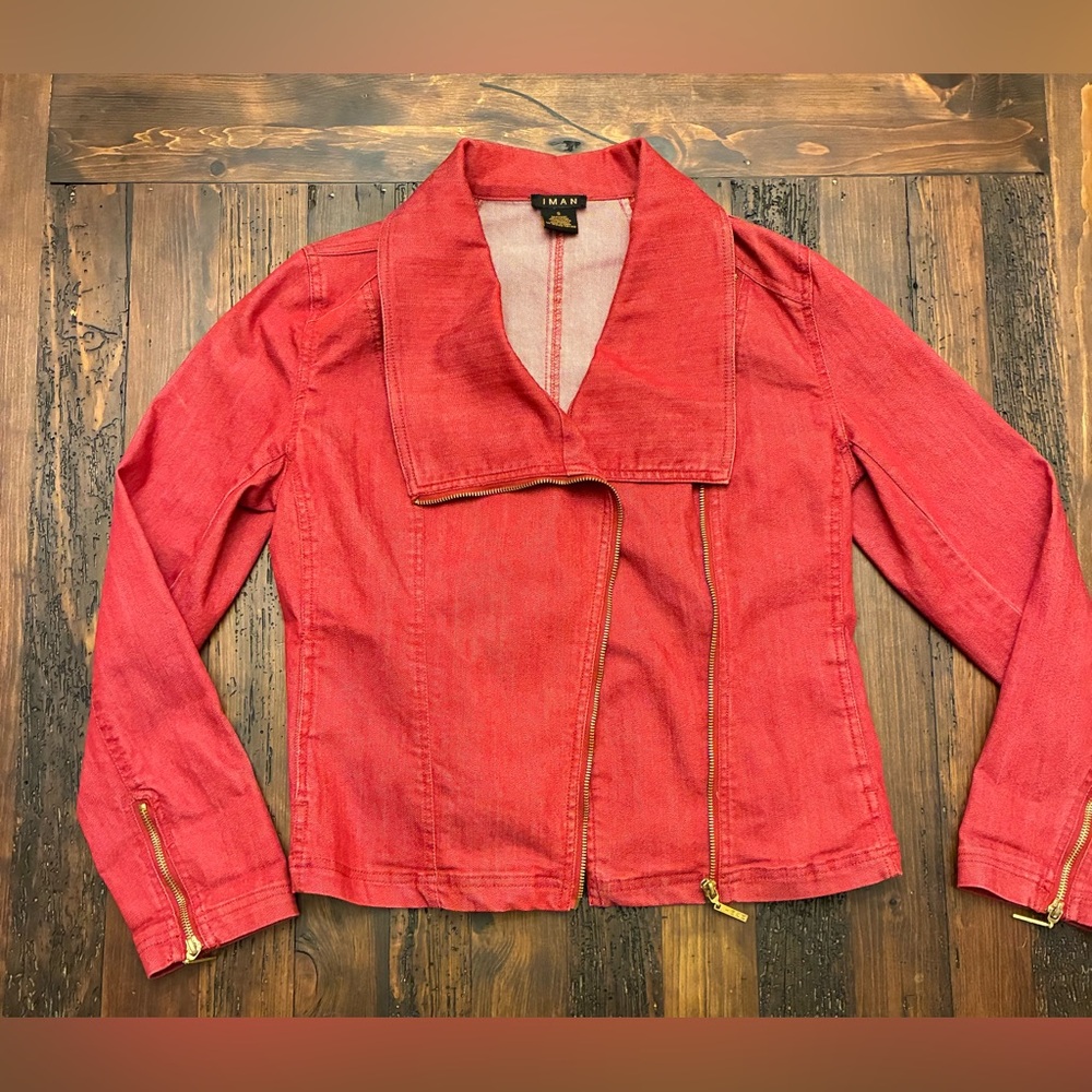 Iman Red Denim Moto Jacket Blazer Size Small Zippers Bold Statement Piece S EUC